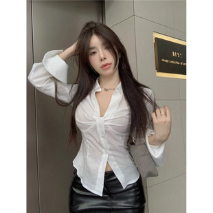 White V-Neck Long-Sleeved Shirt Women's Autumn and Summer French-Style Chic Shirt Slim-Fit Slimming Pleated Design Niche Top