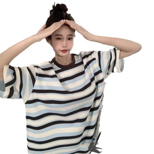 Striped Versatile Design Sense Lazy Loose Short-sleeved T-shirt Women's Summer chubby girl Wearing Loose Mid-length Top