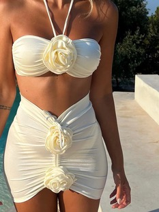 Three-piece set 2023 new bikini European and American bikini 3D three-dimensional flower cross-border split women's swimsuit swimsuit