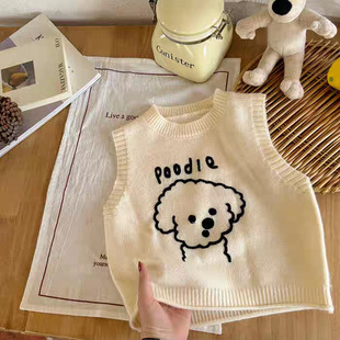 Boys 2024 Autumn New Cartoon Head Gray Vest Blue Plaid Puppy Shirt Fashion Two-Piece Trendy