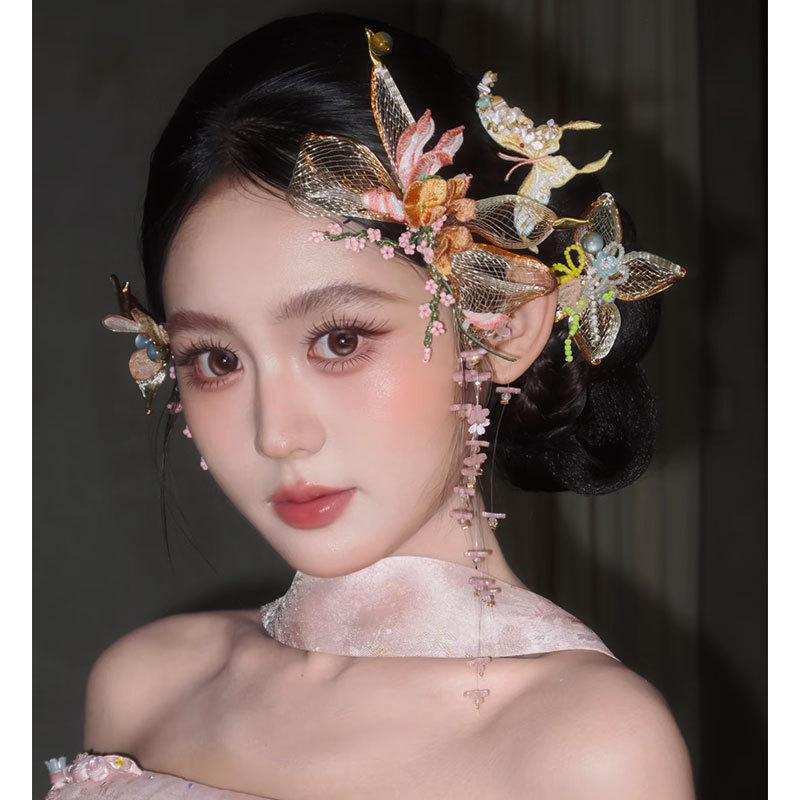Golden Butterfly Flower Hair Accessory Set for Brides, Chinese-Style Xiuhe Headdress, Luxurious Crystal Hairpin Accessories, Dressing Gown