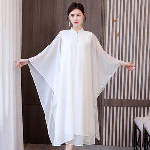 White Zen Dance Dress Guqin Guzheng Performance Dress Chinese Style Fairy Elegant Chiffon Dress Zen Tea Dress Wholesale