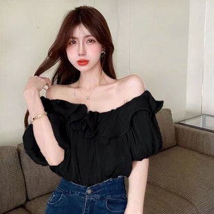 Pure Desire Elegant Shoulder Shirt Women's Design Sense Niche Top Sweet Ruffled Western Style Shoulder Chiffon Shirt for Summer