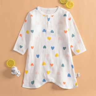 Summer Ultra-thin Baby Gauze Long-sleeved Nightgown Girls' Home Nightgown Pajamas for Boys Air-conditioned Room Split-leg Nightgown