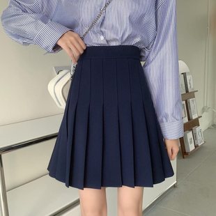 Pleated Skirt Suitable for Fat Women Autumn Large Size Blue High Waist Mid-Length Jk Skirt Preppy Style A-Line Skirt