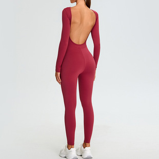 Autumn and Winter New Large U-Back Long-Sleeved Yoga Bodysuit Women's Tight Abdominal Sports Bodysuit Quick-Dry Fitness Trousers