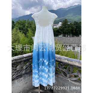 Travel Blue Dyed Slip Skirt Handmade Plant Dyed Lace Flower Shoulder Strap Mid-Length Skirt Kid dress Tie-Dye