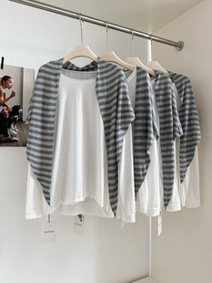 Korean Style White Collar Long Sleeve Shirt Women's Summer New Loose Sunscreen Blouse Striped Shawl Top