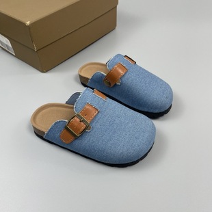 Cross-border Girls' Half Slippers Outer Wear Birkenthal Shoes Denim Vintage Belt Buckle Spring and Summer New Soft Sole Children's Toe Slippers