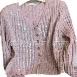 European 2024 Early Spring and Autumn New Elegant Sequin Cardigan V-Neck Styish Good-looking All-match Short Top Short Coat