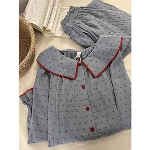 Korean Style Cute Wave Dot Doll Collar Pajamas Women's Autumn Cloud Cotton Loose Long Sleeve Student Dormitory Home Clothes Set