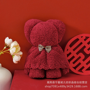 Coral velvet bear towel hand gift wholesale wedding red candy box Xi shop Full Moon back gift towel