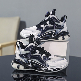 Basketball Shoes Children's sneaker Boys and Girls Rotor Button Running Shoes Autumn Double Mesh Breathable Middle and Large Children's Casual Shoes