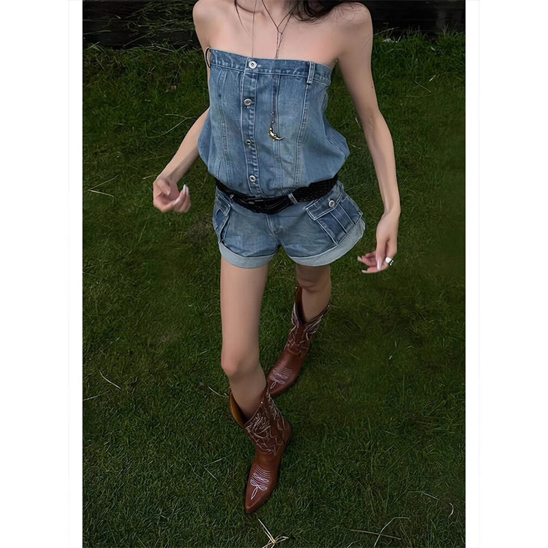 Sweet and Cool Hot Girl Denim Jumpsuit Shorts for Women, New Summer Y2K Millennium Style Tube Top High-Waisted Slimming Set