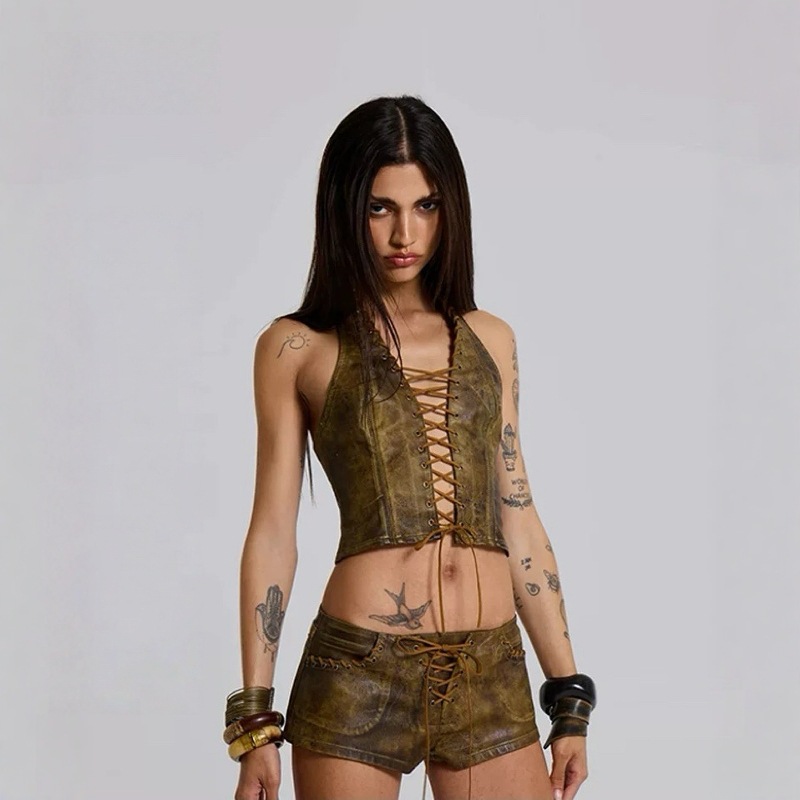 Coffee-Colored Hollow-Out Strappy Halter Leather Bustier, Sexy Backless Short Tank Top with Straps