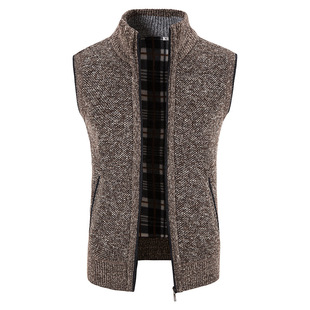 Cross-border in stock Autumn and Winter Foreign Trade Knitted Vest Men's fleece-lined Thickened plus size Vertical Collar Vest Sleeveless Cardigan Sweater