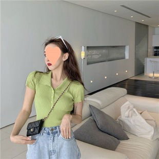 Short-sleeved Knitted Polo Shirt Short-sleeved T-shirt Women's Summer Sexy Slim-fit Slimming Pure Desire White Base Shirt Top