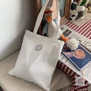 Bag Women's 2022 New Zipper Smiley Instagram Style Simple One-Shoulder Canvas Large Capacity Korean Style Casual Student Schoolbag