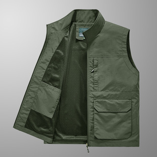 Men's spring and autumn thin outdoor multi-pocket vest new vest solid color workwear stand collar casual waistcoat