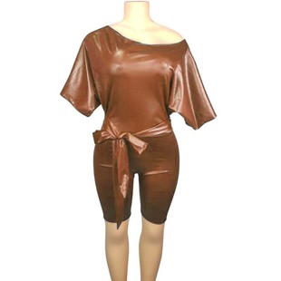 2024 cross-border AliExpress Women's European and American spring and summer black imitation pu matte imitation leather oblique shoulder jumpsuit with belt
