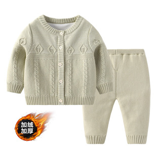 Baby Winter Clothes Baby fleece-lined Thickened Knitted suit 0-1-2-3 Years Old Warm Cardigan Jacket Pants Base