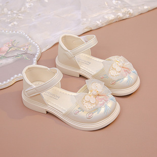 Autumn 2024 New Children's Bow Princess Shoes Chinese Style Little Girl's Soft-soled Leather Shoes Dance Shoes
