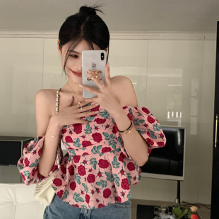 French Floral Tube Top One-Shoulder Puff Sleeve Shirt Design Pleated Waist Off-Shoulder Top for Women Summer