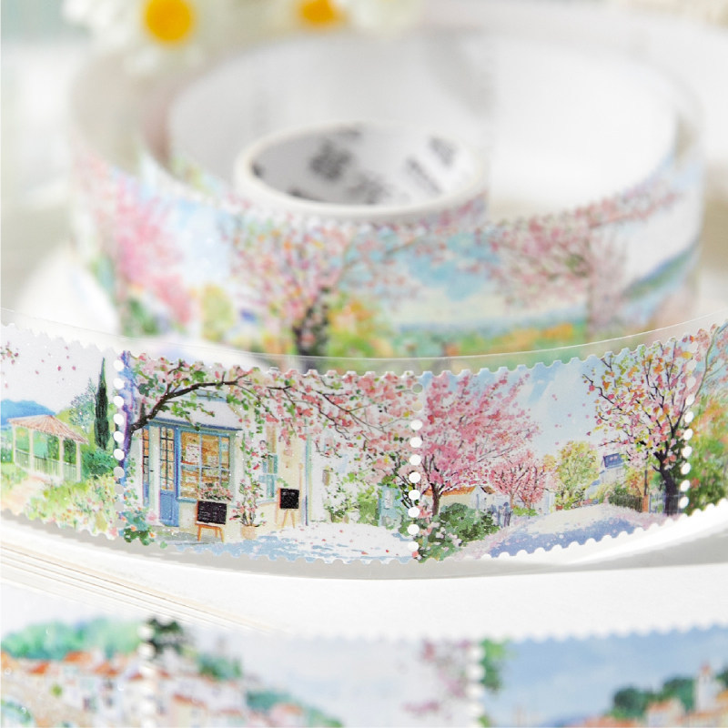 Natural stamp synthetic paper glitter die-cut tape, cherry blossom floral town material, decorative stickers for journaling