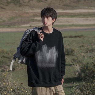 American high street round neck sweater men's autumn and winter fleece-lined thickened oversize loose fashion brand long sleeve bottoming shirt top