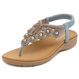 2025 Summer New Bohemian Style Clip Beaded Rhinestone Buckle Stretch Heeled Rubber Belt Women's Shoes