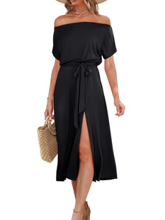 2024 Amazon eBay Women's New Summer dress Shoulder Short Sleeve Lace Waist Split Mid-Length dress