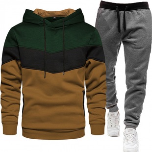 2024 cross-border foreign trade men's sports suit fashion casual spring and autumn stitching hooded sweater trousers two-piece set