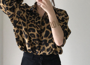 South Korea Autumn Vintage Leopard Print Lapel Single-breasted Loose Casual All-match Long-sleeved Shirt Top for Women