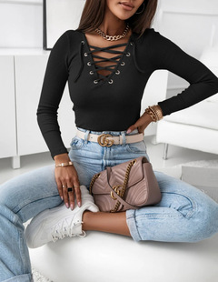 2024 European and American spring and autumn women's clothing Amazon new rib solid color V-neck slim-fit long-sleeved T-shirt top for women