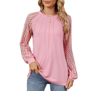 Amazon independent station 2024 Europe and the United States cross-border autumn and winter new round neck solid color lace long sleeve casual T-shirt jacket