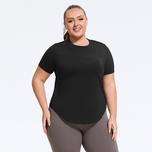Cross-border plus size Yoga Fitness Running T-shirt Sports Loose Mesh Short-sleeved Women's Quick-drying Elastic Skin-friendly One-piece Knitting