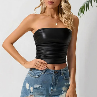 European and American Cross-border Women's Nightclub Sexy Wrap Chest Short Slim-fit Slimming Strapless PU Leather Strapless Vest Top