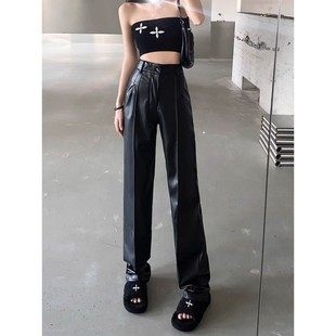 Black Leather Pants Women's New Sag High Waist Wide Leg Pants Korean Fashion Casual Pants Niche Autumn Long Pants Slimming