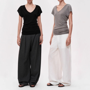 in stock Tencel Wool Quality High-end Simple Stacked Design V-neck Short-sleeved T-shirt Slim-fit Clavicle-exposed Top
