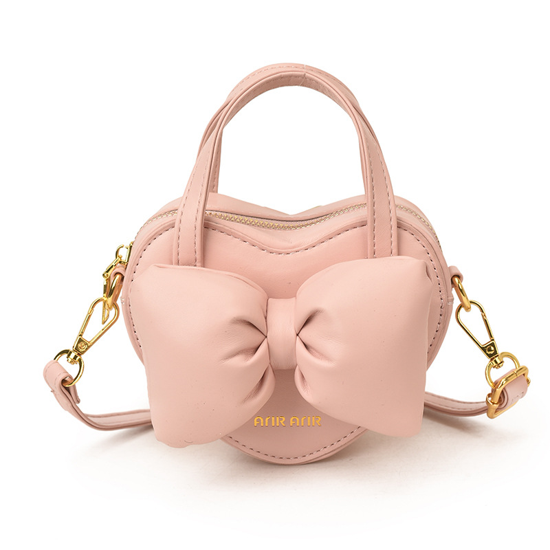 Mini Cute Peach Heart-Shaped Handbag with Stylish Bow, Solid Color Baby Shoulder Bag, New Cross-Border Children's Bag