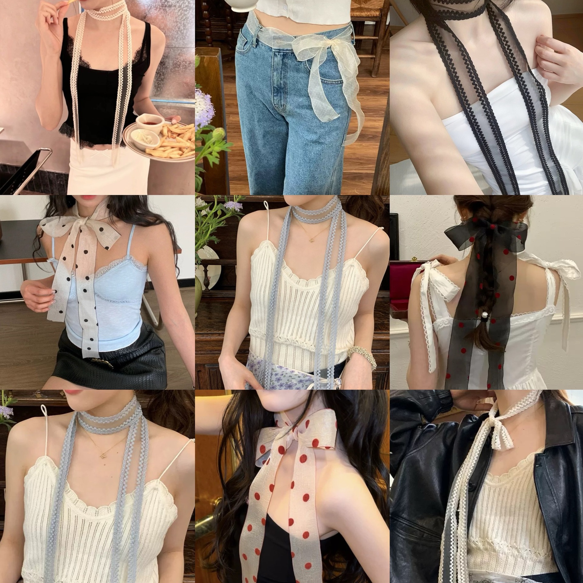 A Variety of French-Style Retro Lace Ribbons, Girl's Silk Scarves, Neck Scarves, Hair Ties, Retro-Style Bow Ribbons, Silk Scarves