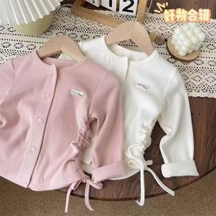 Girls' 2025 Spring Coat Solid Color Base Shirt Slim-fit Spring Wear Women's Drawstring Casual Cardigan T-shirt Top