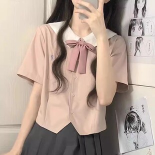 Summer New Small Fresh Sweet College Style Pink Short jk Shirt Top + Dark Grey Pleated Skirt Set