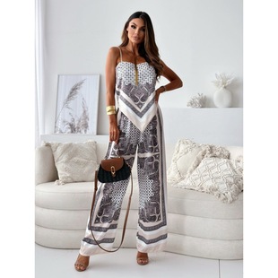 European and American Style Summer Ethnic Style Printed Back Lace Backless Asymmetrical Suspender Top Women's Pants Holiday Suit for Women