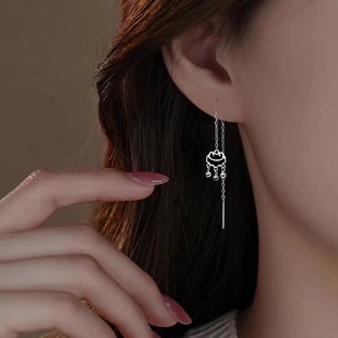 S925 Sterling Silver Safety Lock Ear Line Women's Niche Design Round Bead Tassel Long Earrings Vintage Personality Elegant Earrings