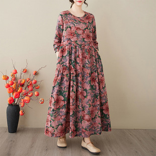 Foreign Trade plus size 2025 Vintage Artistic Printed dress Women's Spring and Autumn Long Sleeve Long Large Swing Loose Llace Skirt