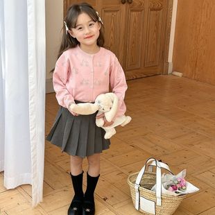 2025 Spring Zhongda Girls Knitted Sweater Korean Sweet Elegant Children's Baby Hollow Cherry Cardigan Jacket