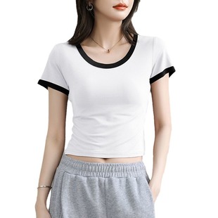 WhiTe and Black ShorT Top for Women, Slim FiT, High WaisT, Navel-baring ShorT-sleeved T-shirT for Women, 2024 New Design, Niche and VersaTile