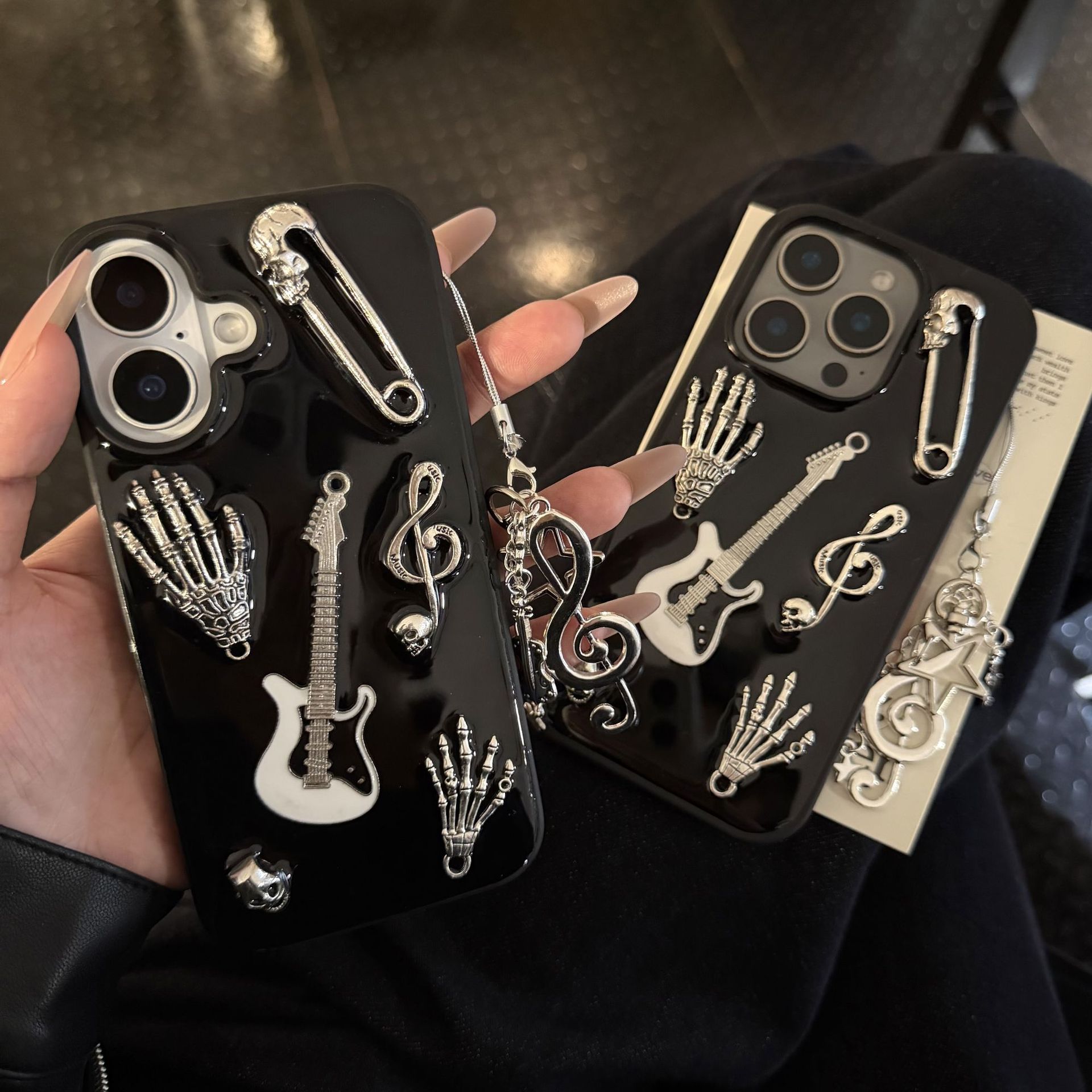 Punk-style guitar skull phone case for iPhone 17 Pro Max and Apple 16 Pro heavy metal X protective case