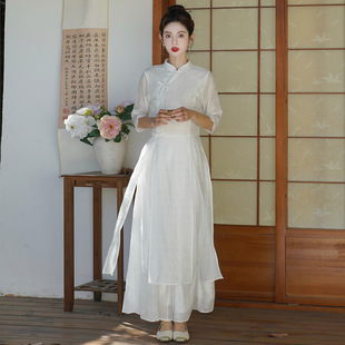Improved New Chinese Style dress Women's Summer New Light Guofeng Cheongsam Tang Suit Zen Button Women's Tea Suit